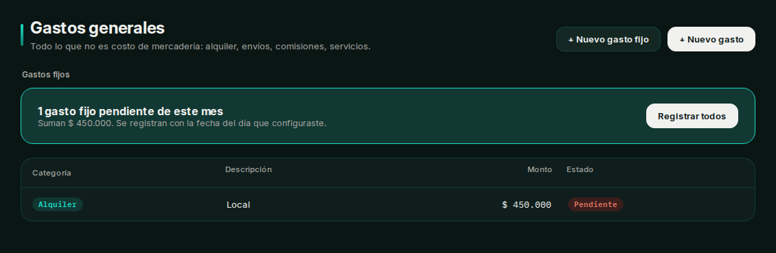 Panel de gastos fijos con un alquiler pendiente de registrar
