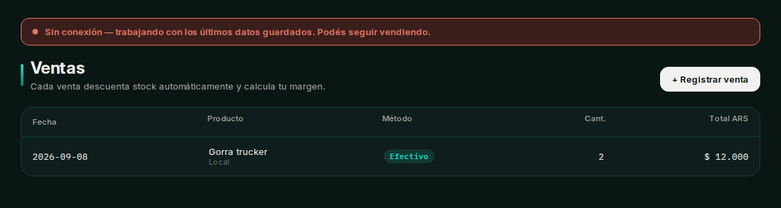 Aviso de modo sin conexión, permitiendo seguir vendiendo